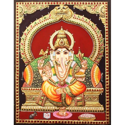 TANJORE PAINTING MANTAP YELLOW  DHOTI GANESHA EMB