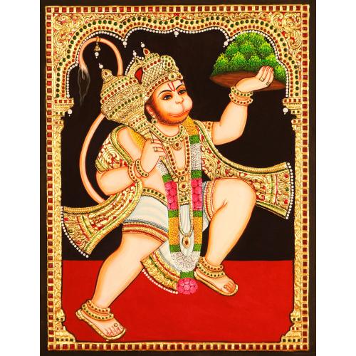 22ct Gold Handmade Lord Hanuman Standing Tanjore Painting