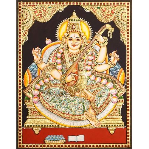 22ct Gold Handmade Goddess Saraswathi Tanjore Painting