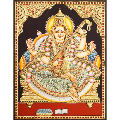 22ct Gold Handmade Goddess Saraswathi Tanjore Painting