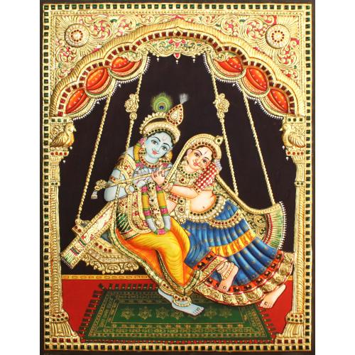 22ct Gold Handmade Lord Radha Krishna Swing Tanjore Painting