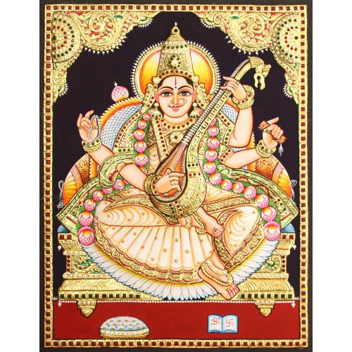22ct Gold Handmade Goddess Saraswathi Tanjore Painting