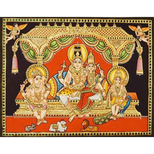 22ct Gold Handmade Lord Shiva Parvathi Family Tanjore Painting