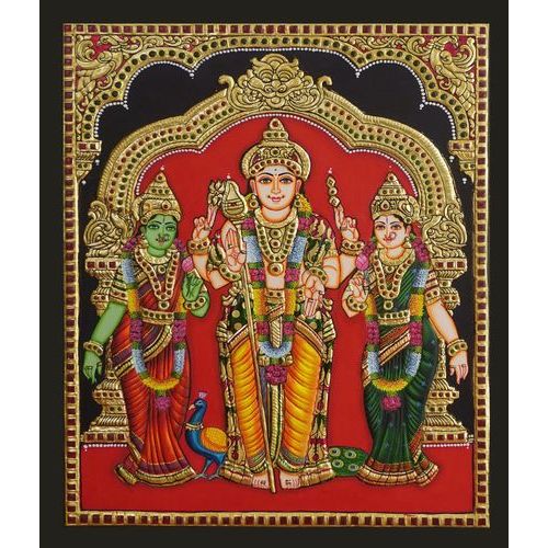 22ct Gold Lord Murugan With Valli Deivanai Tanjore Painting