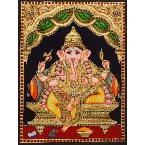 TANJORE PAINTING YELLOW DHOTHI GANESHA EMB