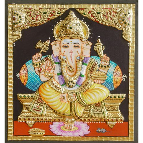 22ct Gold Lord Ganesha Sitting in Mantap Tanjore Painting