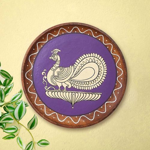 PEACOCK MOTIF HAND PAINTED WALL HANGING WOODEN PLATE
