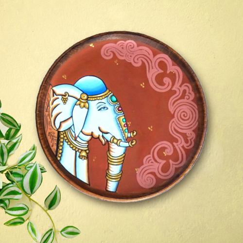 ELEPHANT PICHWAI HAND PAINTED WALL HANGING WOODEN PLATE