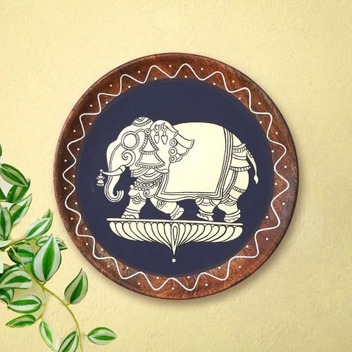 ELEPHANT MOTIF HAND PAINTED WALL HANGING WOODEN PLATE